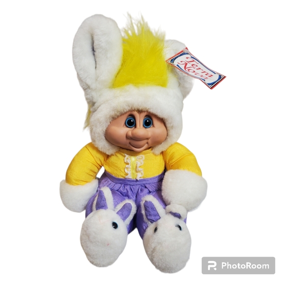 Vintage 1992 Easter BUNNY TROLL plush doll, 90s yellow hair troll with Bunny ear - Picture 1 of 9
